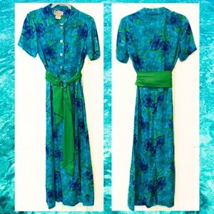 🦋 Earth Song 🌴 Tropical Print Short Sleeve Belted Dress Size Small Vintage USA